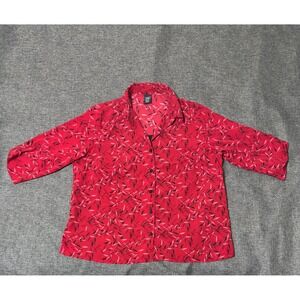 George Women's 2X Button Up Shirt Red Leaf‎ Print 3/4 Roll Tab Sleeve WCYF0181